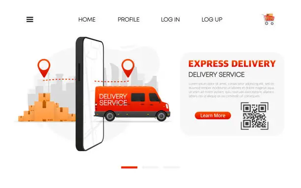 Vector illustration of Express Delivery Service concept on phone device. Mobile APP. Red cargo van for delivery. Vector illustration.