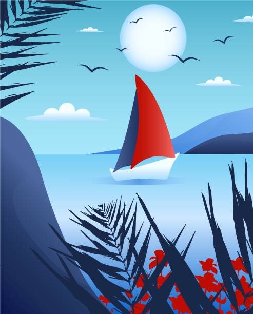 vektor illustration postkarte poster sommer landschaft tourismus natur yacht segel in den tropen - lake coastline blue nautical vessel stock-grafiken, -clipart, -cartoons und -symbole