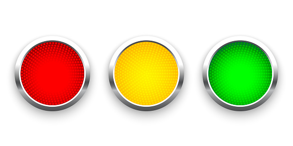 Traffic lights with silver frames isolated on white background. Vector realistic road object