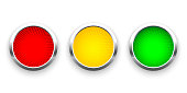 Traffic lights with silver frames isolated on white background. Vector realistic road object.