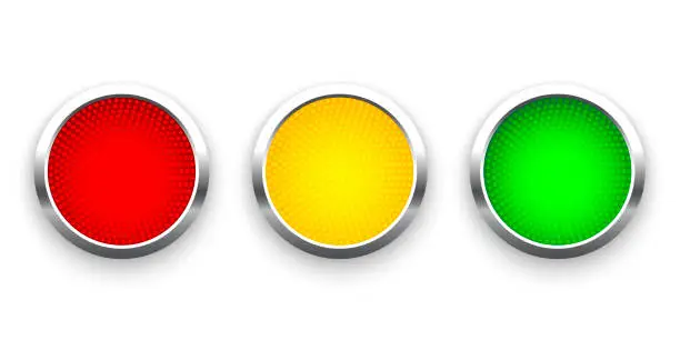 Vector illustration of Traffic lights with silver frames isolated on white background. Vector realistic road object.