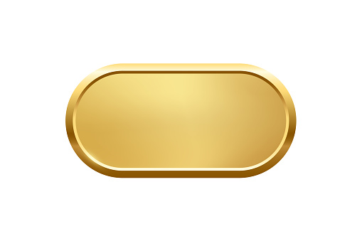 Gold ellipse button with frame vector illustration. 3d golden glossy elegant oval design for empty emblem, medal or badge, shiny and gradient light effect on plate isolated on white background.