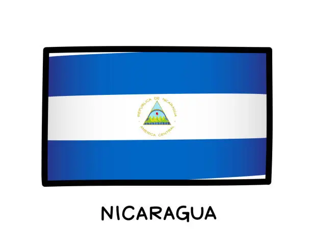 Vector illustration of Flag of Nicaragua. Colorful symbol of the Nicaragua flag. Blue and white brush strokes, hand drawn. Black outline.