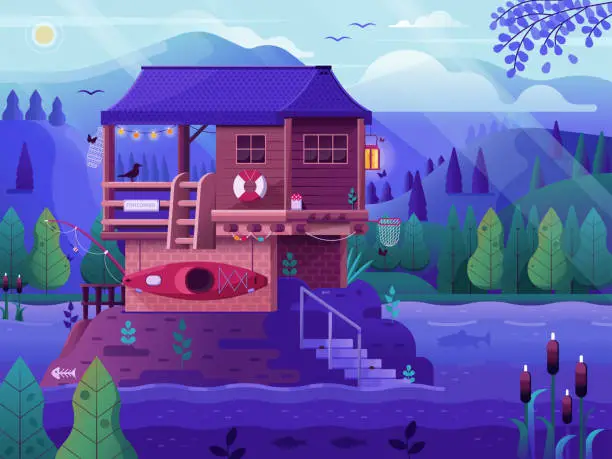 Vector illustration of Fisherman Cabin House at Mountain Lake Scene