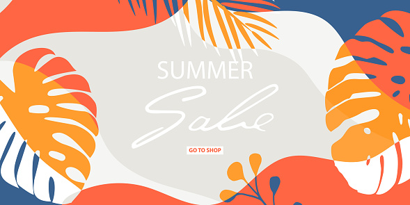 Horizontal banner with tropical leaves, plants and trendy floral blots. Bright, juicy colors. Announcement of a new collection, discounts on it, summer sale, discount. Vector