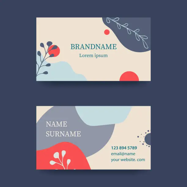 Vector illustration of Business card design in soft pastel colors. Modern concept with liquid, drops, brush, flowers, leaves, lines. Shades of red and blue. Vector