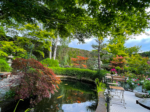 Stock photo showing ornamental Japanese-style garden with koi fish pond and outdoor dining area. Featuring a large expanse of white, interconnecting, white plastic decking tiles, providing a family space for outdoor hardwood seating.