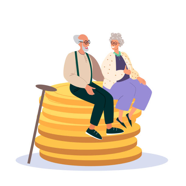 金貨の巨大な山の上に座っている幸せなシニア男性と女性のキャラクター。経済的富、年金貯蓄、裕福な退職、喜びに満ちた祖父母の概念。漫画の人々ベクトルイラスト - senior couple点のイラスト素材／クリップアート素材／マンガ素材／アイコン素材