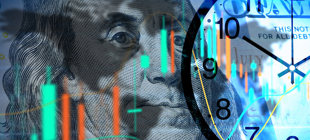 Stock market with time concept, financial data analysis graph showing market trends over American dollar on a digital display