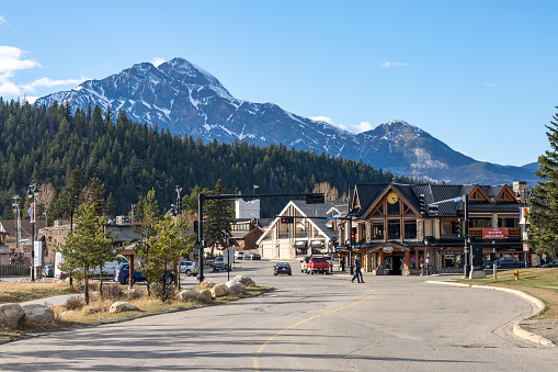 Jasper, Alberta, Canada - May 4 2021 : Street view of Town Jasper. Hazel Avenue Connaught Drive crossroad.