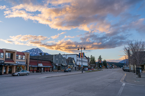 Jasper, Alberta, Canada - May 4 2021 : Street view of Town Jasper in dusk. Connaught Drive.