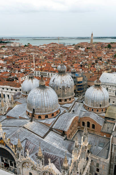 View of the domes of the St Mark's Basilica in Venice from the St Mark's Campanile stock photo
