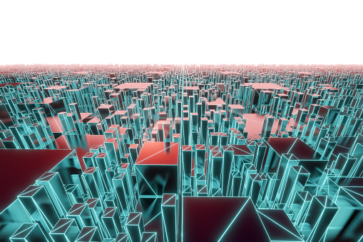 Aerial view of virtual city in meta Universe, 3D rendering concept of metaverse matrix future city environment.