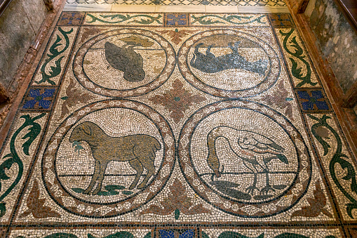 Venice, Italy - 06 09 2022: Floor mosaics of the St Mark's Basilica in Venice