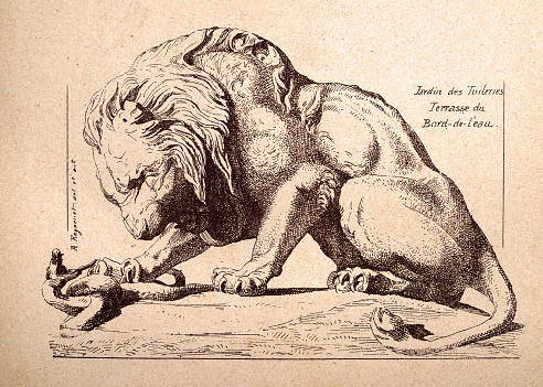 Vintage illustration, Architectural decoration, Lion attacking a snake, Jardin des Tuileries