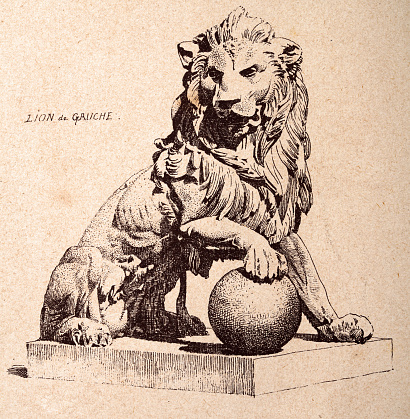 Vintage illustration, Architectural decoration, Lion with its paw resting on a sphere, Vintage art print