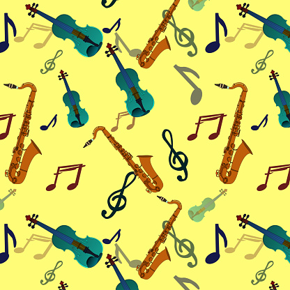 Seamless pattern of musical instruments on laser lemon color background. persian plum color saxophone ,dark jungle green color violin and space cadet, alloy orange color music notes. textile pattern