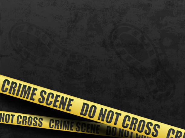 Yellow police cordon tape on a dark background with a footprint Crime scene. Yellow police barricade tape on a dark background with a footprint. vector illustration with place for text crime scene investigation stock illustrations