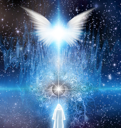 Spiritual sci fi scene with angel and cloaked figure. 3D rendering
