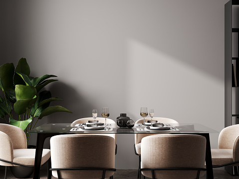 Contemporary minimalist design interior, close up of dining table with chairs, white wall and concrete floor, table serving, 3d rendering