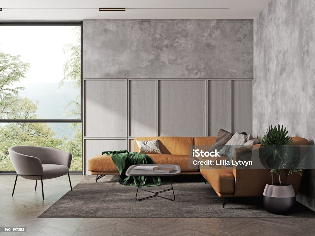 living room interior mock up in gray tones with brown sofa, 3d rendering Living Room Stock Photo