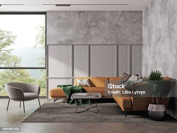 Living Room Interior Mock Up In Gray Tones With Brown Sofa 3d Rendering Stock Photo - Download Image Now
