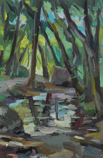 ilustraciones, imágenes clip art, dibujos animados e iconos de stock de pintura al óleo de río forestal. - painting artist landscape painted image