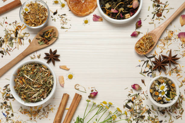 istock Frame of different dry teas on white wooden table, space for text 1404197465