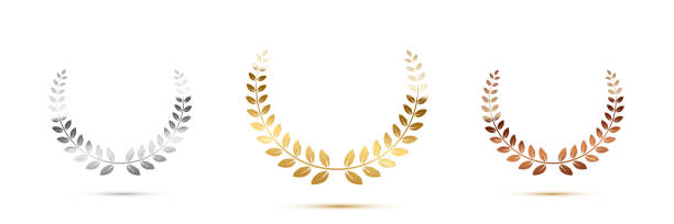 illustrazioni stock, clip art, cartoni animati e icone di tendenza di segni di premiazione in oro, argento e bronzo con corona d'alloro isolata su fondo bianco. modelli di design per premi vettoriali - jury entertainment