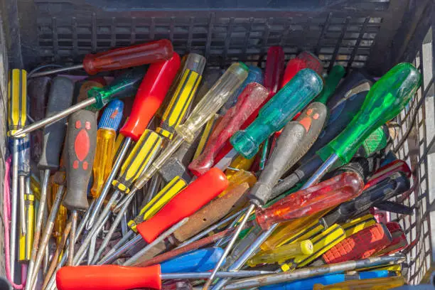 Many Different Screwdrivers Hand Tools in Crate