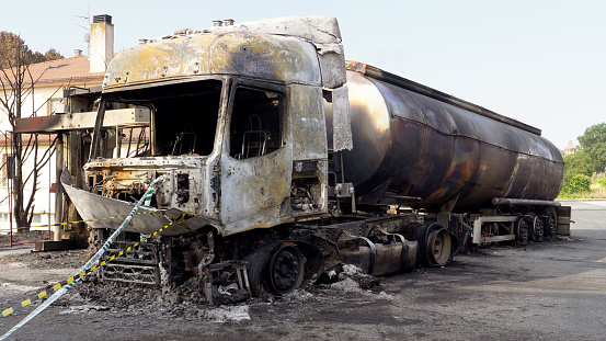 June 21, 2022 year. City of Ponte la Reyna, province of Navarra Spain\ntruck with dangerous goods burned by multiple forestry