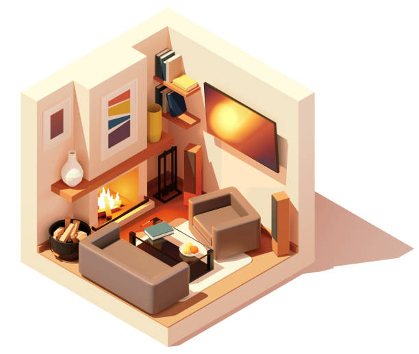 ilustraciones, imágenes clip art, dibujos animados e iconos de stock de ilustración vectorial isométrica moderna del interior de la sala de estar - home decorating living room luxury fireplace