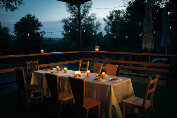 istock Dinning table, at the romantic restaurant near river 1404203116