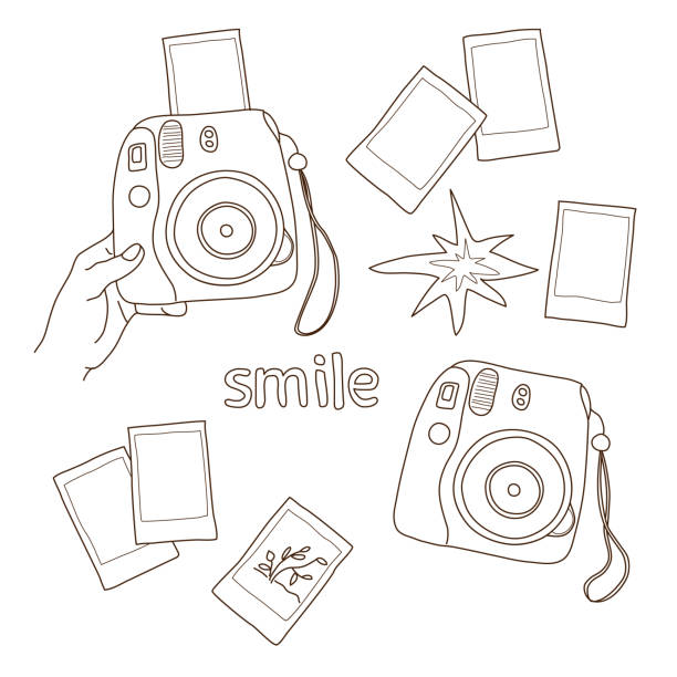 instant camera, flashes, film photographer element set, hand drawn vector art illustration