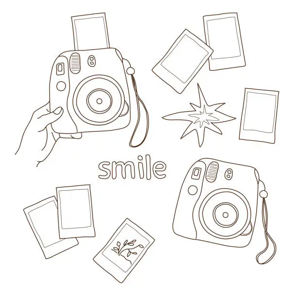 Vector illustration of instant camera, flashes, film photographer element set, hand drawn