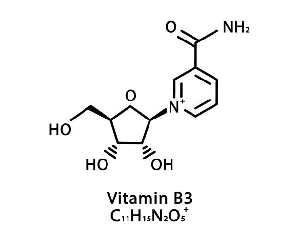 ilustraciones, imágenes clip art, dibujos animados e iconos de stock de vitamina b3 nicotinamida ribósido estructura molecular. vitamina b3 niacina fórmula química esquelética. fórmulas moleculares químicas - vitamina b 3