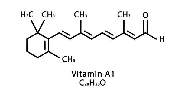 Vector illustration of Vitamin A1 Retinal molecular structure. Vitamin A1 Retinal skeletal chemical formula. Chemical molecular formulas