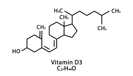 Vitamin D3 Cholecalciferol molecular structure. Vitamin D3 Cholecalciferol skeletal chemical formula. Chemical molecular formulas isolated on white background. Vector illustration