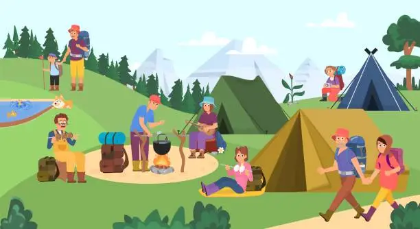 Vector illustration of People in camping. Girl forest vacation, outdoor camp trip with backpack and tent. Adult and children rest on nature, adventures decent vector scene