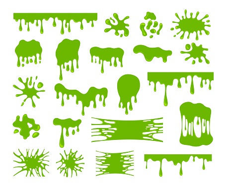 Slime drops. Dripping sticky texture, cartoon mucus splash and drop. Green blots and border, decorative toxic liquid paint. Exact vector jelly elements. Illustration of mucus sticky and slime