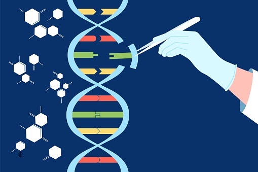 Dna engineering. Crispr cas9, gene editing and manipulating. Genetic modification, biochemistry and medicine. Human genome experiments recent vector concept. Illustration of biotechnology dna