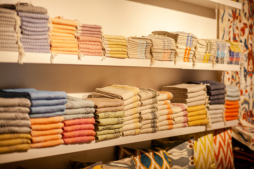 View of fabrics in various colors.