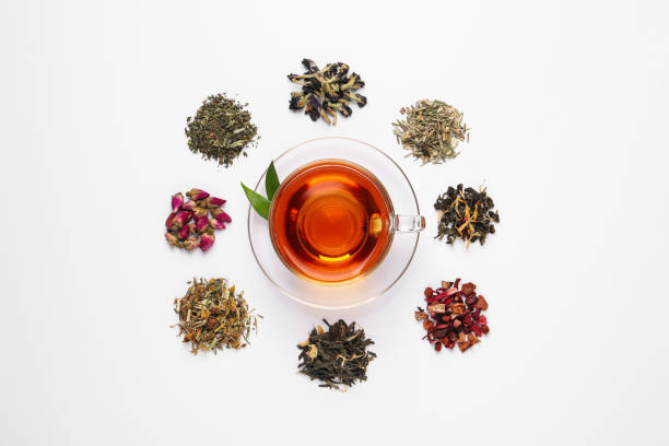 istock Composition with brewed tea, dry and fresh leaves on white background, top view 1404206405