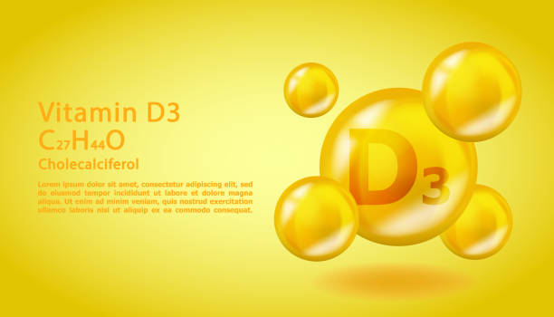 3d молекула витамина d3 холекальциферол дизайн. реалистичный d3 холекальциферол витамин капли. желтая иллюстрация комплекса питания. - d3 stock illustrations