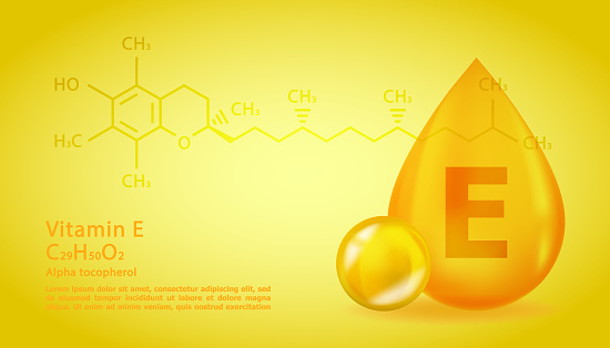 Realistic E Alpha Tocotrienol Vitamin drop with structural chemical formula. Yellow nutrition skeletal formula illustration concept. 3D Vitamin molecule E Alpha Tocotrienol design. Drop pill capsule.