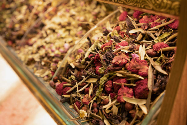 Close-up of dried fruit and berry tea leaves, teashop concept.Copyspace for text.