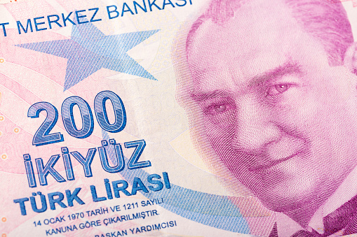 200 turkish Lira banknote close up with Mustafa Kemal Ataturk.