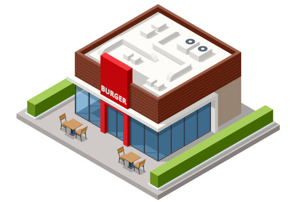Isometric Facade of Fast Food Store Restaurant. Fast food restaurant building vector art illustration