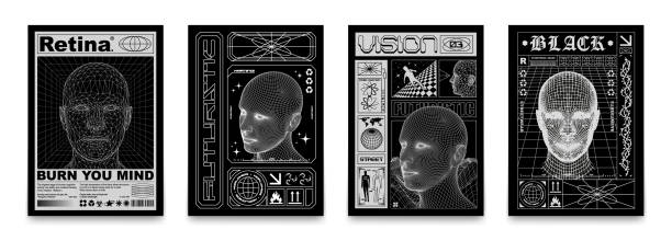 포스터 낮은 폴리 헤드, 3d 인간의 얼굴 메쉬 구조. 테크노 디자인 요소와 함께 미래 지향적 인 스타일로 의류 브랜드, 티셔츠, 후드티, 배너 인쇄 - 테크노 음악 stock illustrations