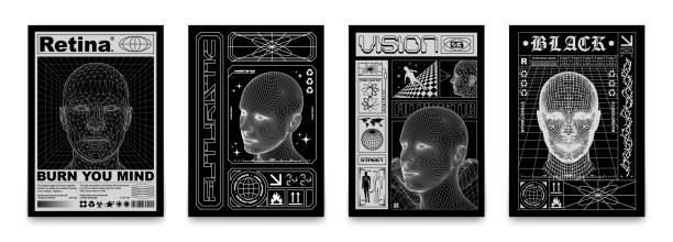 ilustrações de stock, clip art, desenhos animados e ícones de poster low poly head, 3d human face mesh structure. in futuristic style, with techno design elements, print for a clothing brand, t-shirts, hoodies, banners - techno